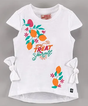 Under Fourteen Only Cap Sleeves Floral Printed & Text Placement Embroidered Bow Applique Top - White