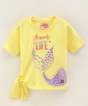Under Fourteen Only Half Sleeves Mermaid Life Printed And Sequin Embellished Top With Corner Tie Up - Yellow