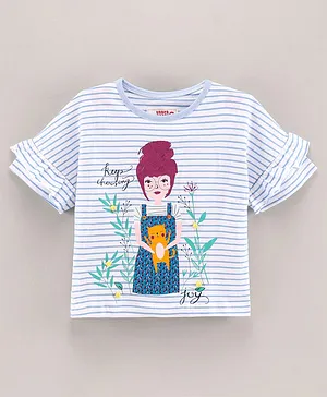 Under Fourteen Only Half Sleeves Striped & Printed Top - Blue