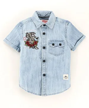 Under Fourteen Only Half Sleeves Text & Tiger Embroidered Shirt - Light Blue