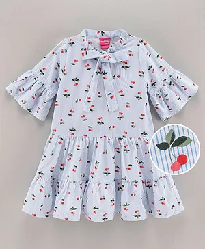 Under Fourteen Only Half Flutter Sleeves All Over Cherry Printed & Striped With Front Knot Detail Dress - Blue