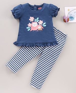 Babyhug Cotton Knit Short Sleeves Night Suit Owl Print - Navy