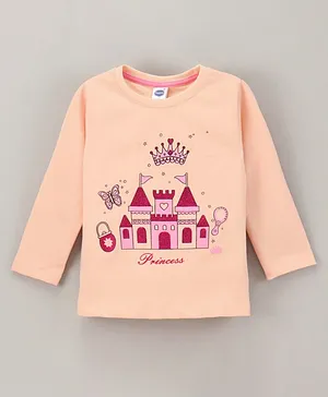 Teddy Full Sleeves Cotton Top Castle Print- Peach