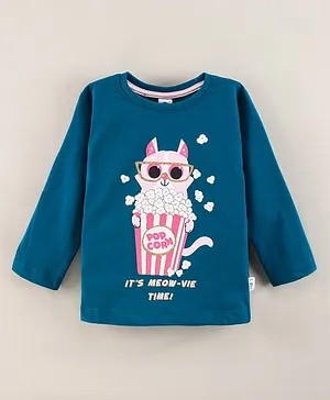 Teddy Cotton Knit Full Sleeves T-Shirt Cat with Popcorn Print - Navy
