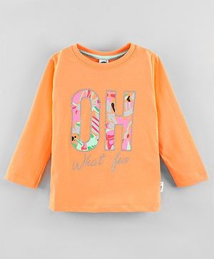 Teddy Cotton Knit Full Sleeves T-Shirt Text Print - Orange