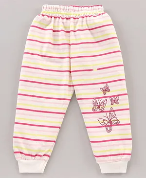Teddy Cotton Full Length Striped Lounge Pants Butterfly Print- Multicolor