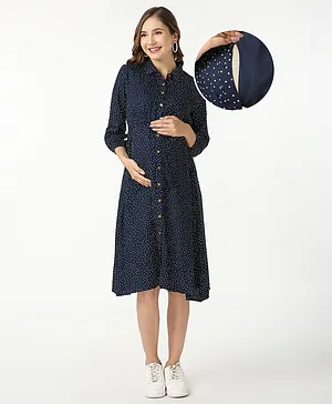 Bella Mama Rayon Woven Three Fourth Sleeves Maternity Dress Polka Dot Print - Navy
