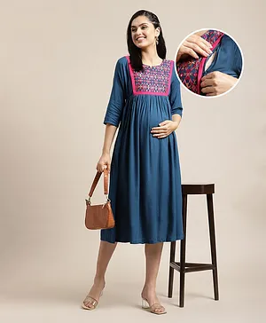 Bella Mama Three Fourth Sleeves Maternity Kurti Floral Embroidery - Navy Blue