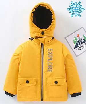Babyhug Full Sleeves Hooded Fashion Heavy Winter Jacket Text Print - Yellow