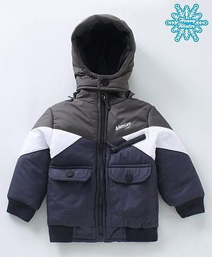 Babyhug Woven Full Sleeves Padded Jacket with Hood Colour Block - Blue