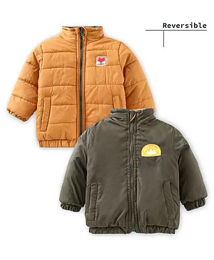 Babyhug Full Sleeves Heavy Winter Solid Reversible Jacket Text Patch - Olive Green Mustard Yellow