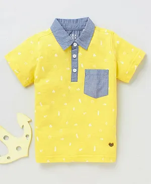 Ed-a-Mamma Half Sleeves All Over Printed Knit Cotton Polo Tee - Lemon Yellow