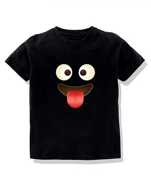 KAVEE Half Sleeves 100% Cotton Biowashed Silly Face Emoticon Print Tee - Black
