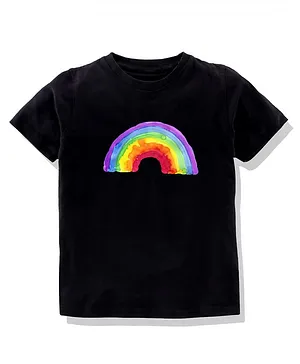 KAVEE 100% Cotton Bio Washed Half Sleeves Rainbow Print Tee - Black
