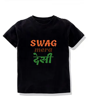 KAVEE 100% Cotton Bio Washed Half Sleeves Swag Mera Desi Print Tee - Black