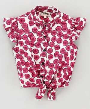 Hugsntugs Cap Sleeves Daisy Print Front Knotted Top - Pink
