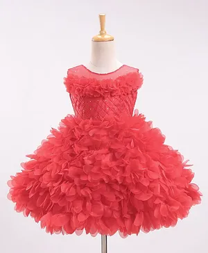 Enfance Sleeveless Ruffled Flowers Tutu Lace Embellished Dress - Red