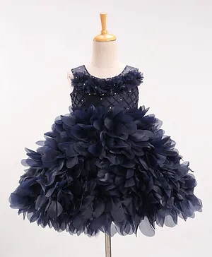 Enfance Sleeveless Ruffled Flowers Tutu Lace Embellished Dress - Navy Blue