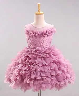 Enfance Sleeveless Ruffled Flowers Tutu Lace Embellished Dress - Pink