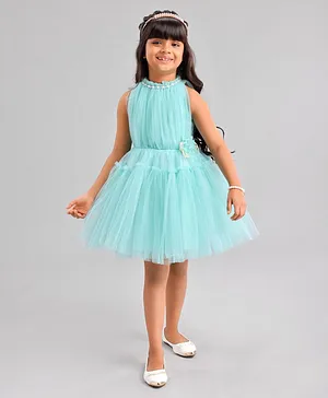 Enfance Sleeveless Gathered Bodice With Pearl & Flower Detailed Ruffled Fit & Flare Dress - Green