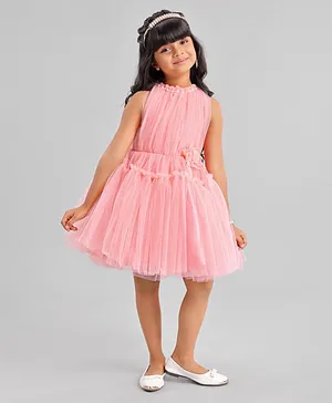 Enfance Sleeveless Gathered Bodice With Pearl & Flower Detailed Ruffled Fit & Flare Dress - Pink