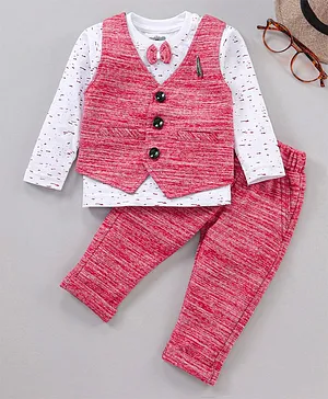 Mini Taurus Full Sleeves T-Shirt & Pant Set With Waistcoat Stripes Print- Red