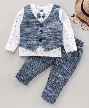 Mini Taurus Full Sleeves T-Shirt & Pant Set With Waistcoat Stripes Print- Blue
