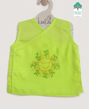 Keebee Organics Sleeveless Sun Embroidered Organic Cotton Wrap Around Jhabla - Green