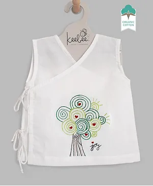 Keebee Organics Sleeveless Organic Cotton Heart & Spiral Embroidered Jhabla - White
