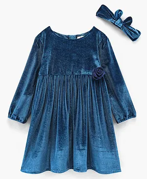Bonfino Polyester Woven Full Sleeves Solid Party Frock With Headband - Blue