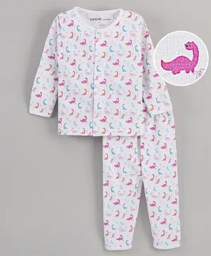 Doreme Full Sleeves T-Shirt & Pyjama Set Dino Print - White