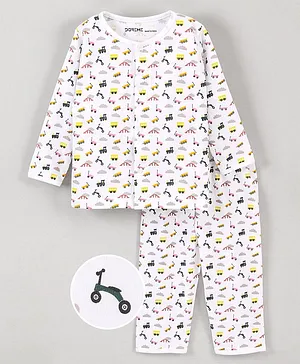 Doreme Full Sleeves T-Shirt & Pyjama Set Cart Print - White
