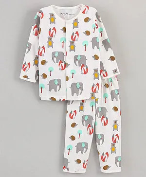 Doreme Full Sleeves T-Shirt & Pyjama Set Animal Print - White
