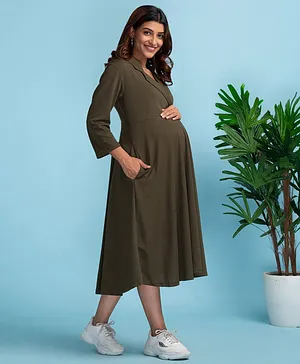 Bella Mama Three Fourth Sleeves Self Textured Knit Maternity Dress - Olive