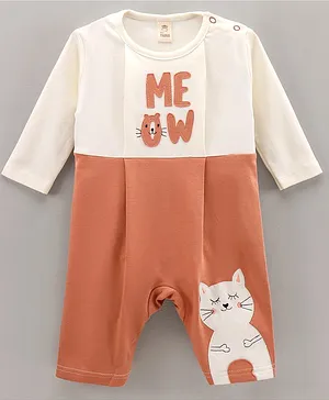 Mini Taurus Cotton Full Sleeves Romper Cat Print- Orange