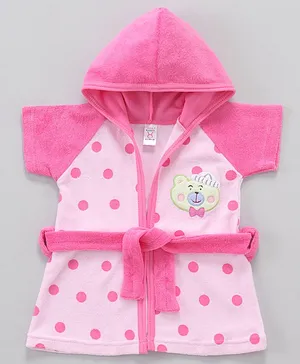 Pink Rabbit Half Sleeves Hooded Bath Robe Polka Dot Print- Pink