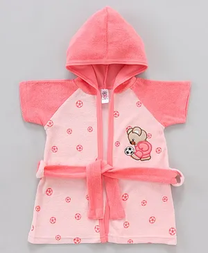 Pink Rabbit Half Sleeves Hooded Bath Robe Football Print & Bear Embroidery- Pink