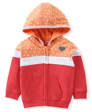 Babyhug Cotton Full Sleeves Front Open Sweat Jacket With Zipper & Hood Heart Print - Orange Red & White