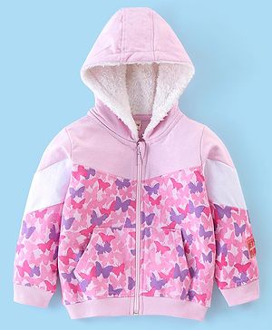 Babyhug 100% Cotton Full Sleeves Butterfly Printed SweatJacket with Hood - Pink