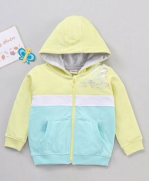 Babyhug Full Sleeves Cotton Knit Cut & Sew Hooded Sweat-Jacket with Glitter Print - Lime