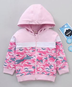 Babyhug Full Sleeves Cotton Knit Cut & Sew Hooded Sweat-Jacket with Abstract Print - Pink/White