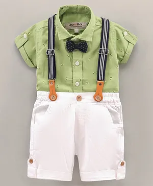 Jo&Bo Half Sleeves Printed Suspender Shirt With Pant & Bow Applique - Green