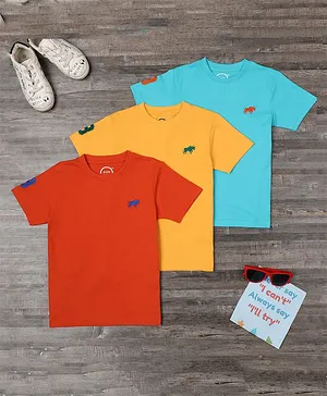 Zion Pack Of 3 Half Sleeves Bull & Number Placement Embroidered Tee - Orange Yellow & Turquoise Blue