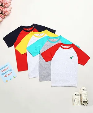 Zion Pack Of 4 Half Raglan Sleeves Bull & Number Placement Embroidered Tee - Multi Colour