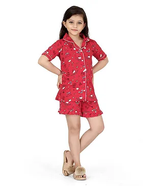 Ninos Dreams Half Sleeves Rainbow Clouds & Abstract Text Printed Night Suit - Red