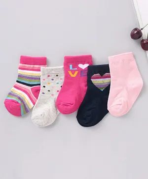 Cute Walk by Babyhug Cotton Knit Regular Length Antibacterial Socks Multiple Designs Pack Of 5 - Multicolour