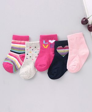 Cute Walk by Babyhug Cotton Knit Regular Length Antibacterial Socks Multiple Designs Pack Of 5 - Multicolour