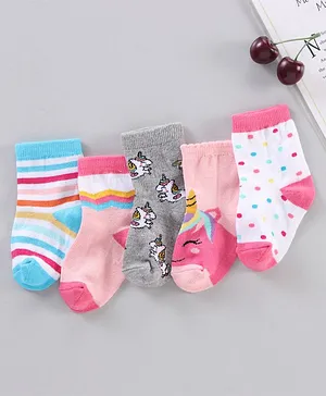 Cutewalk by Babyhug Ankle Length Anti-bacterial Cotton Knit Blend Socks Unicorn Print and Striped Pack of 5 - Multicolour
