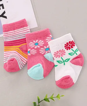 Cute Walk by Babyhug Ankle Length Antibacterial Socks Printed Pack Of 3 - Pink