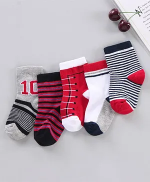 Cutewalk by Babyhug Ankle Length Anti-bacterial Cotton Blend Knit Socks Shoe Print and Striped Pack of 5 - Multicolour